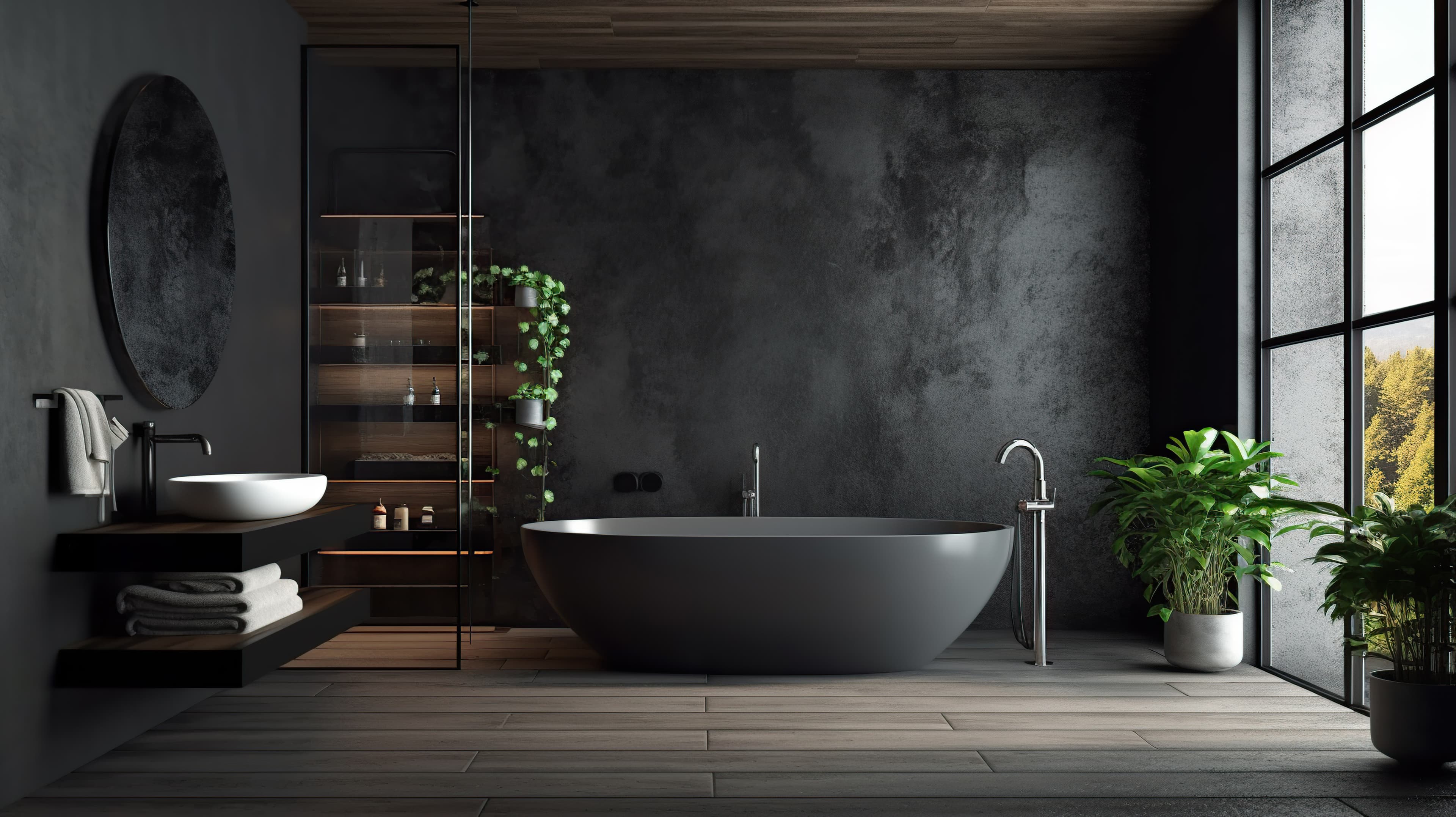 Contemporary luxury bathroom with freestanding soaking tub and natural stone
