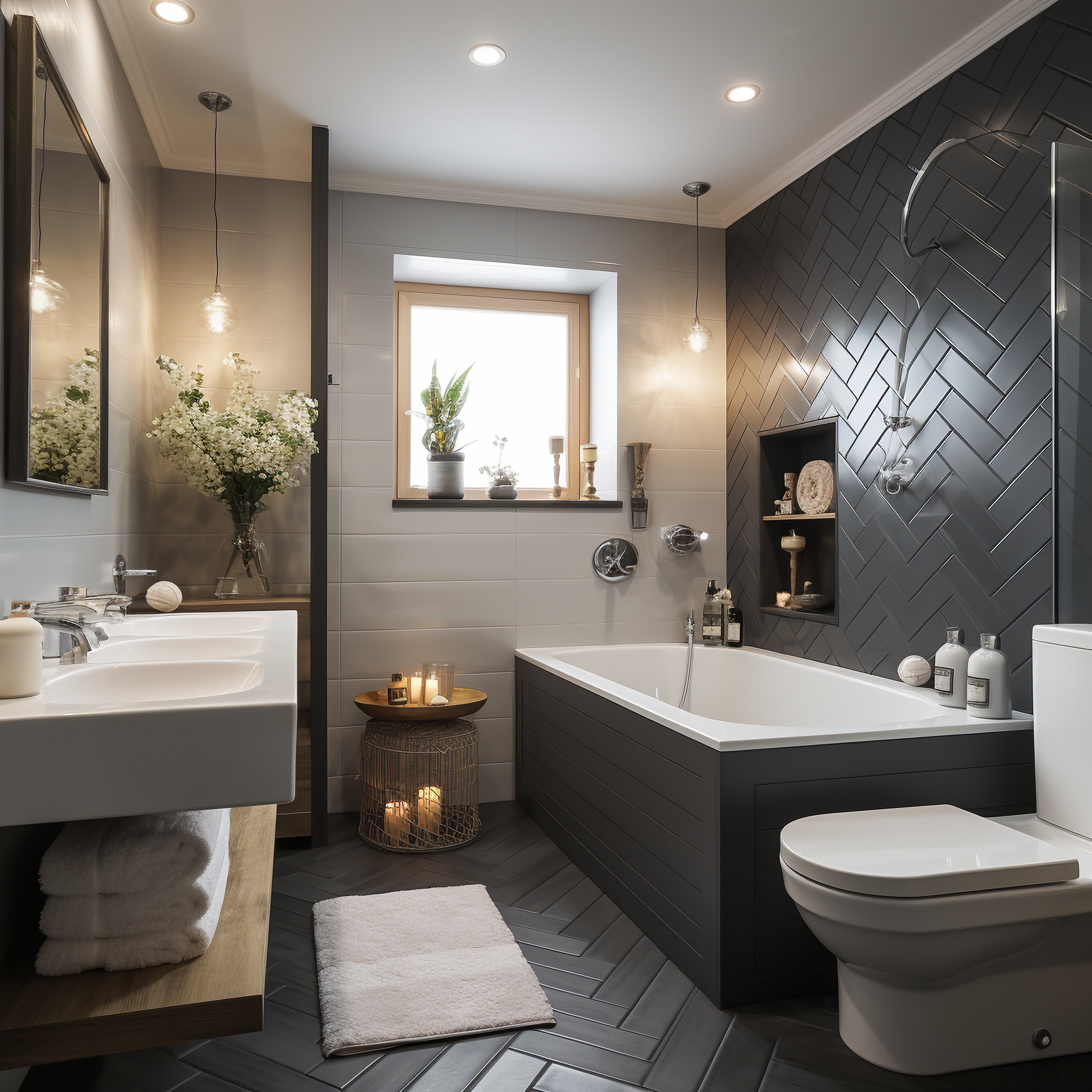 Modern bathroom walk-in shower with frameless glass and designer lighting