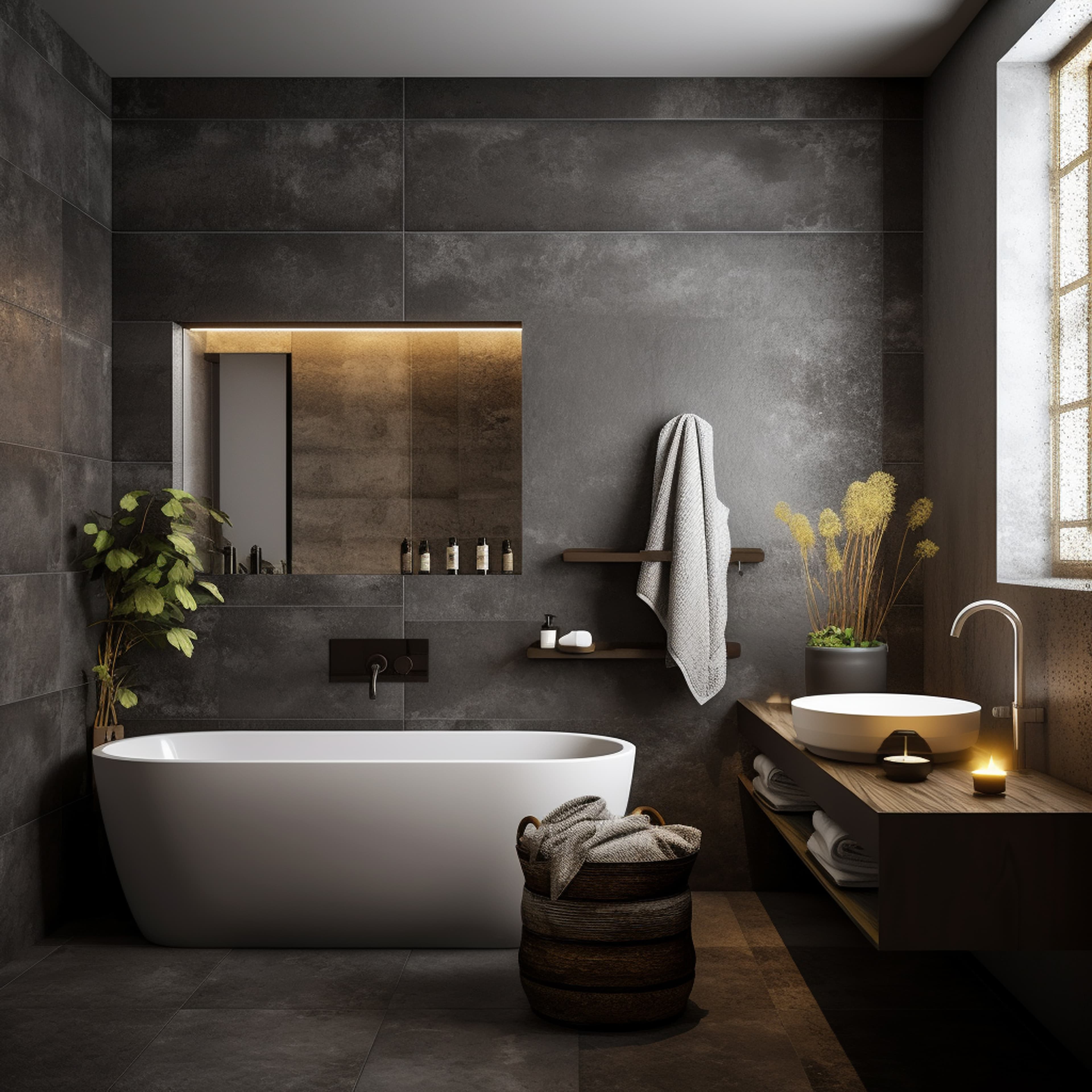 Luxury bathroom vanity with bronze hardware and natural daylight