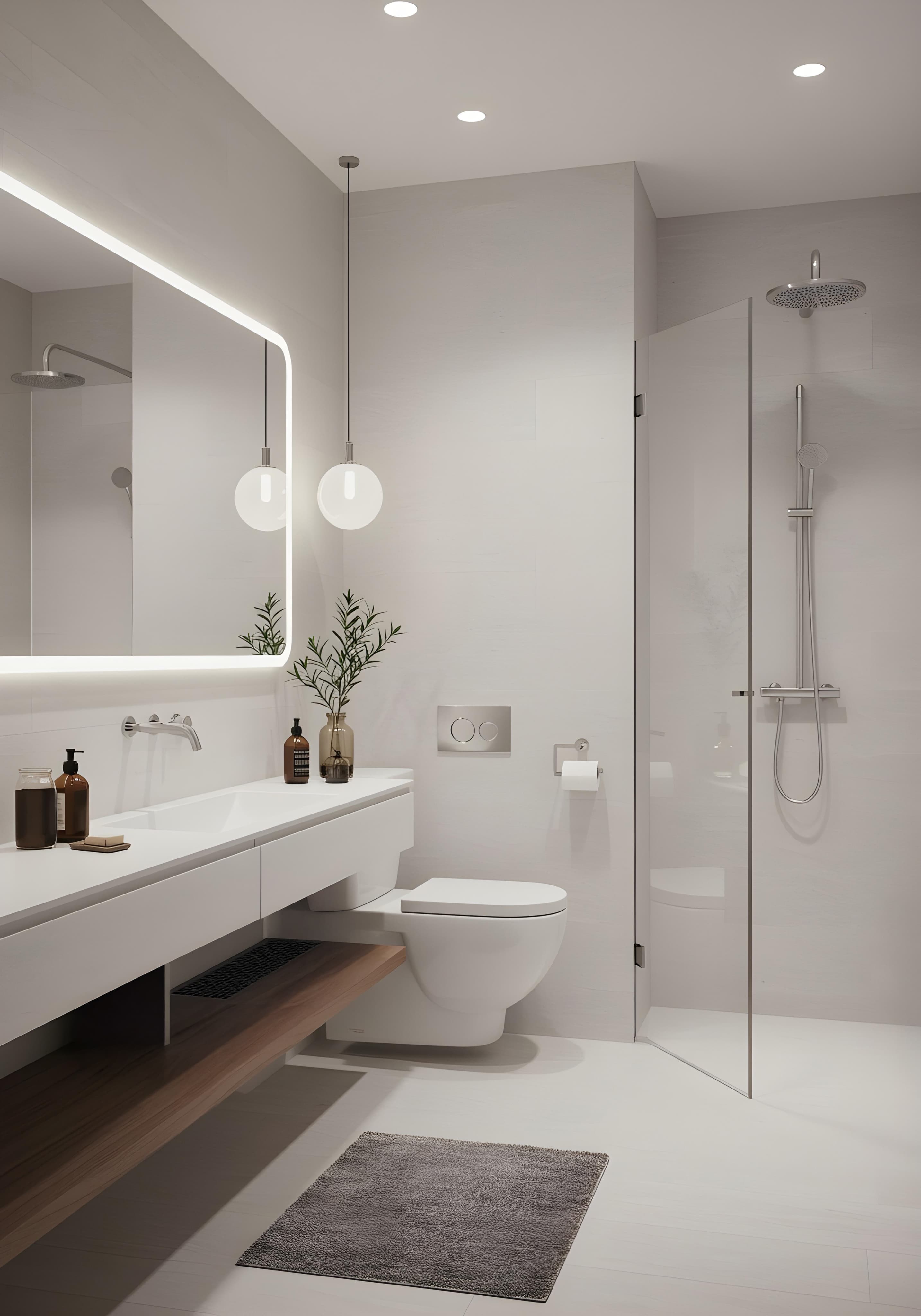 Illuminated luxury bathroom renovation and modern fixtures