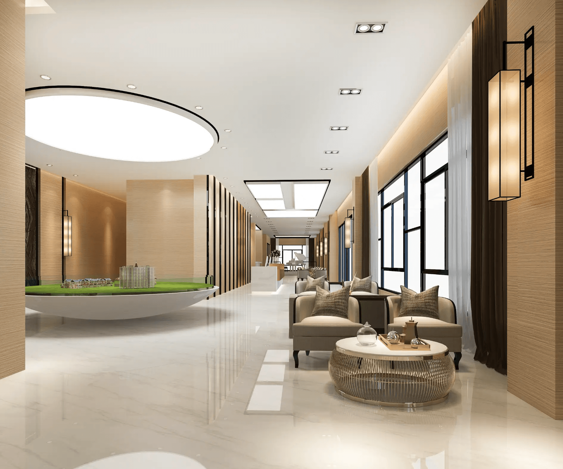 Commercial development atrium with marble flooring and bronze accents