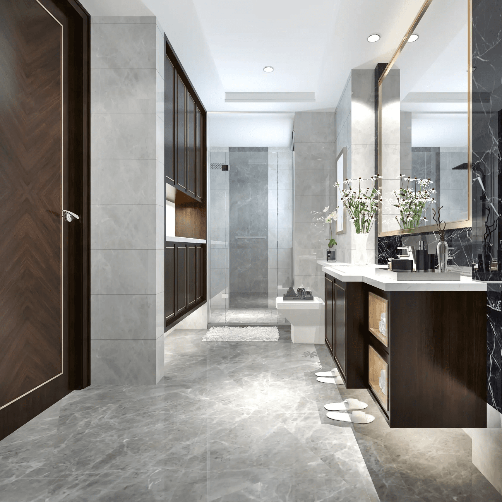 Modern interior with seamless stone tile flooring