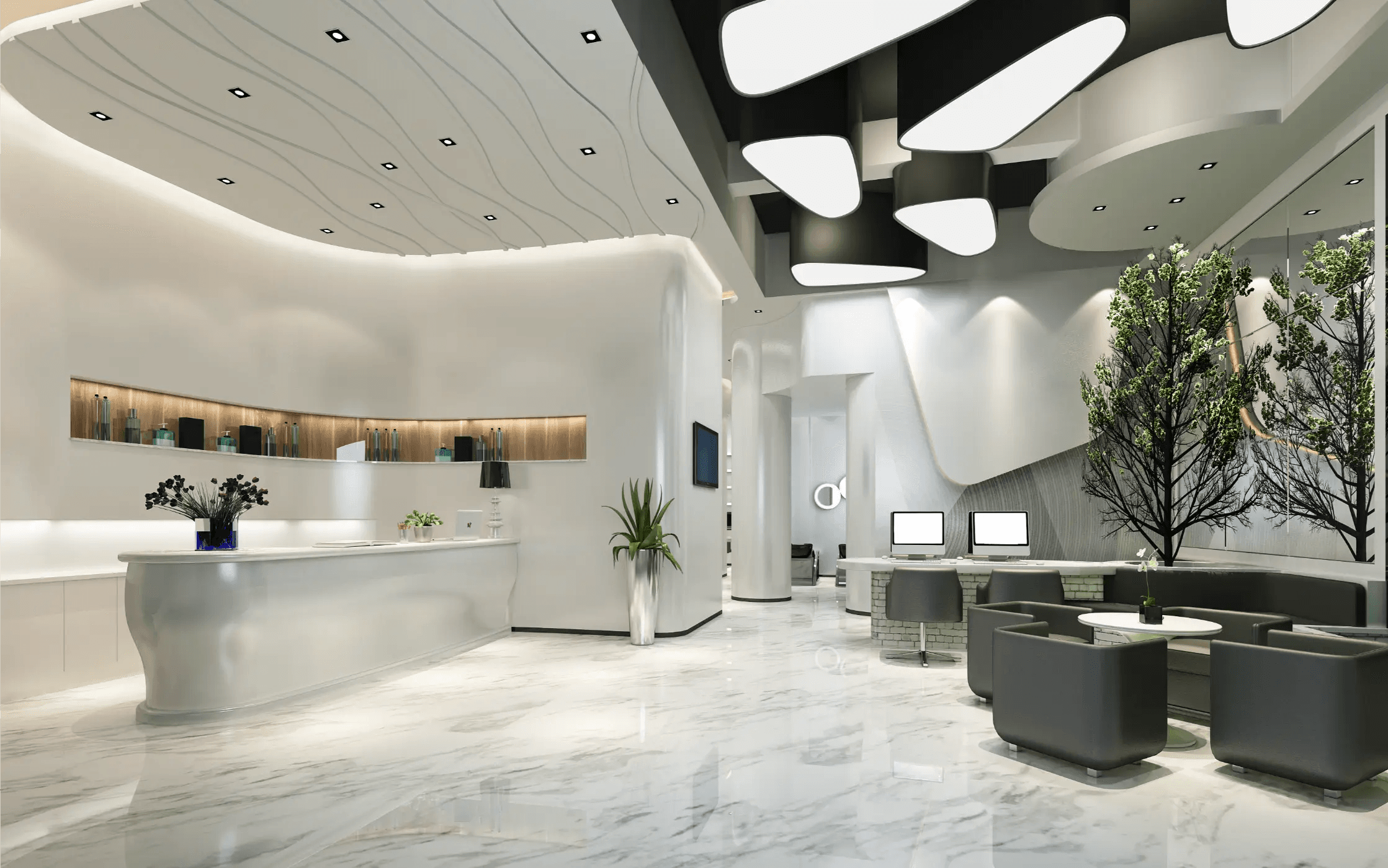 Serene med spa reception area with curved fluted paneling and ambient lighting