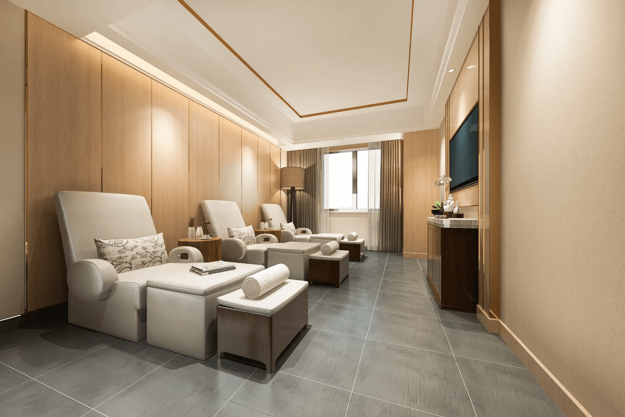 Modern med spa corridor with minimalist architectural lighting