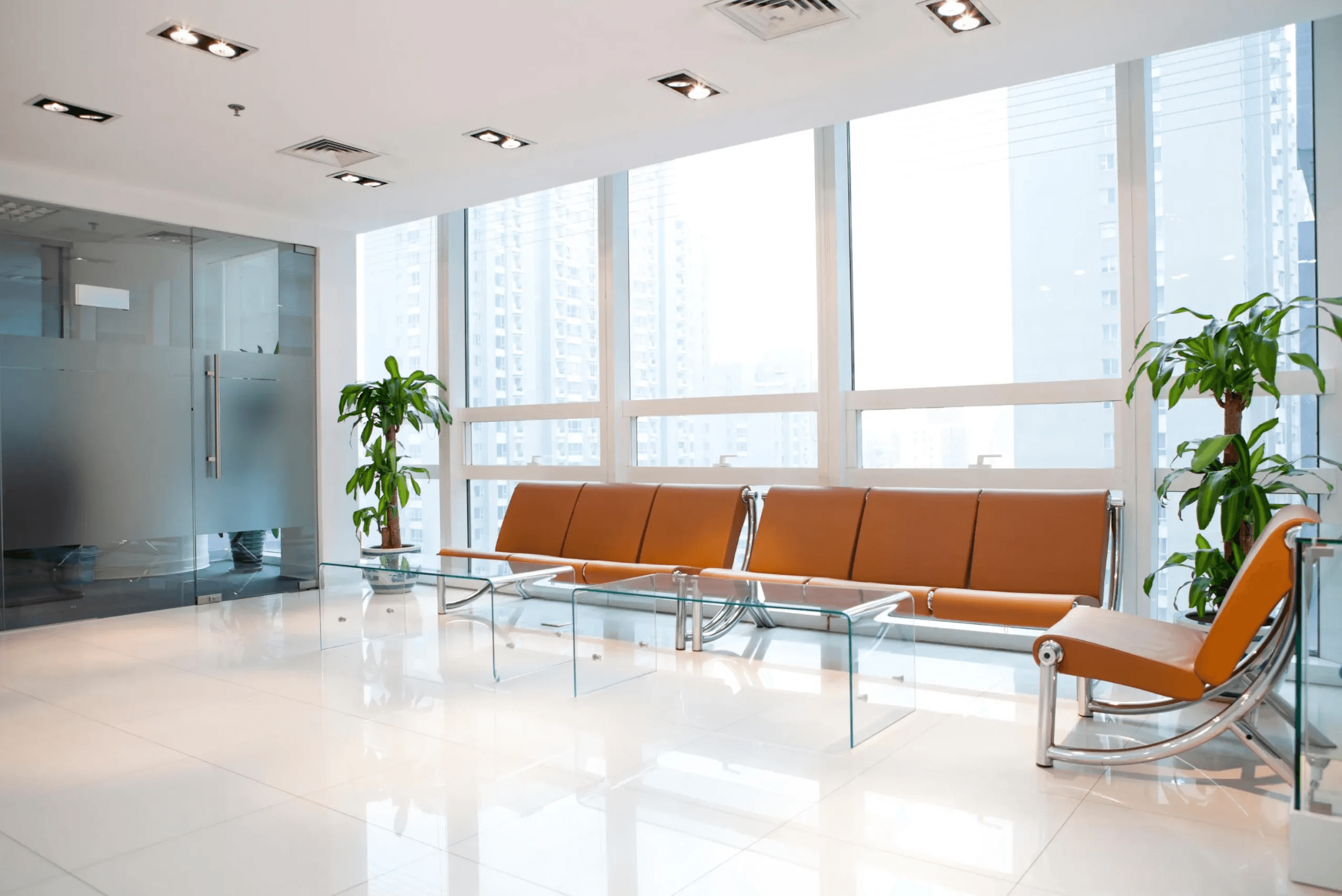 Modern healthcare facility hallway with clean architectural lighting