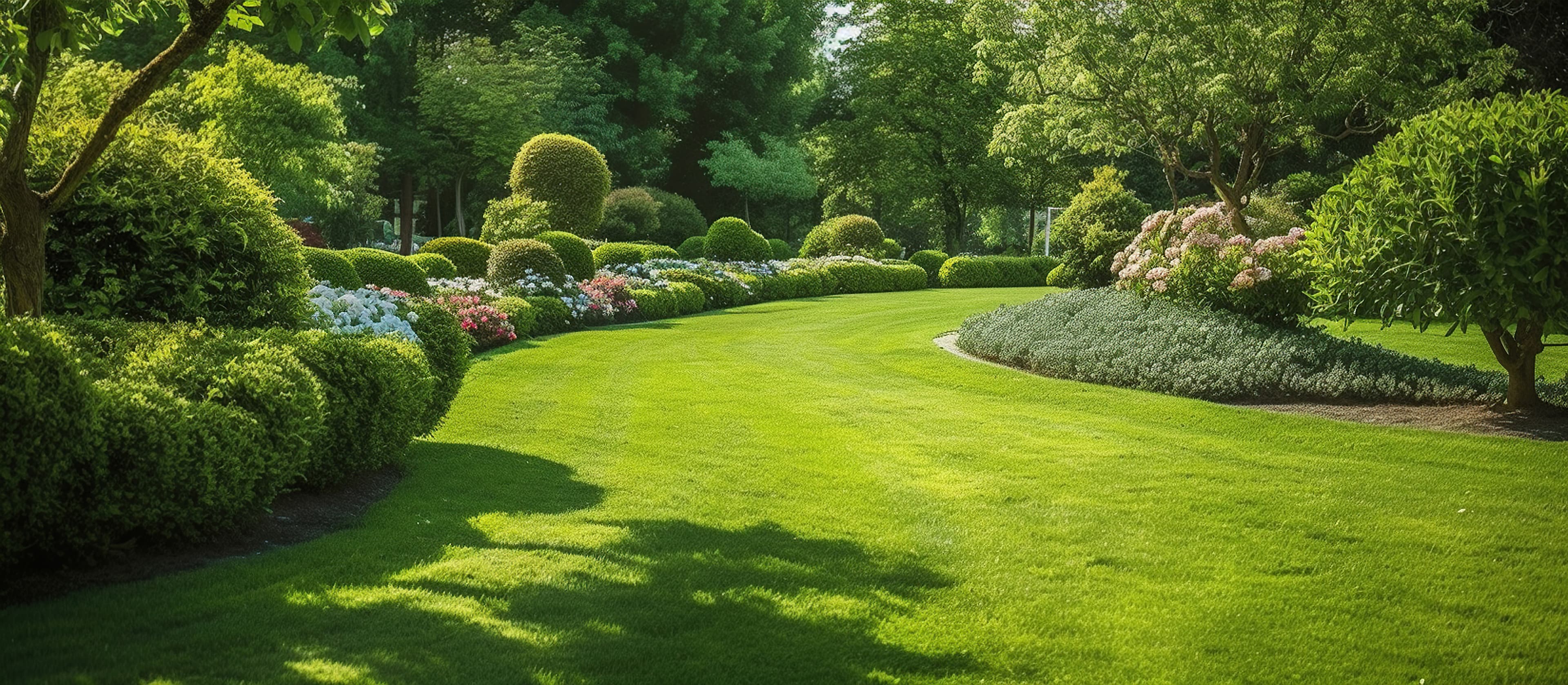 Lush green artificial turf lawn bordered by desert boulders and olive trees